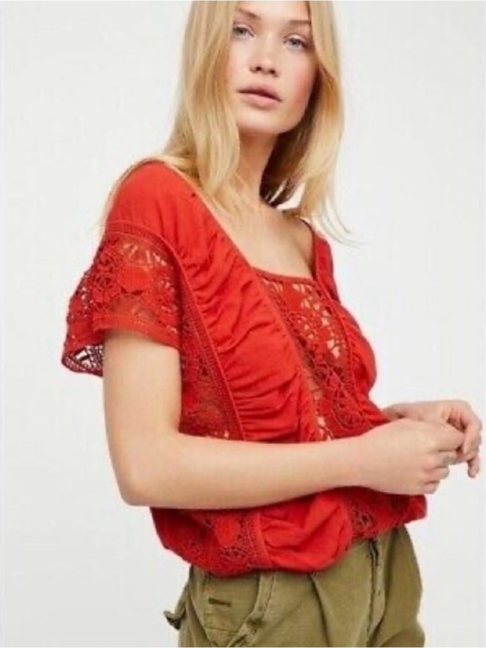 Free People Vibrant Lace-Trim Short Sleeve Women’s Top size S